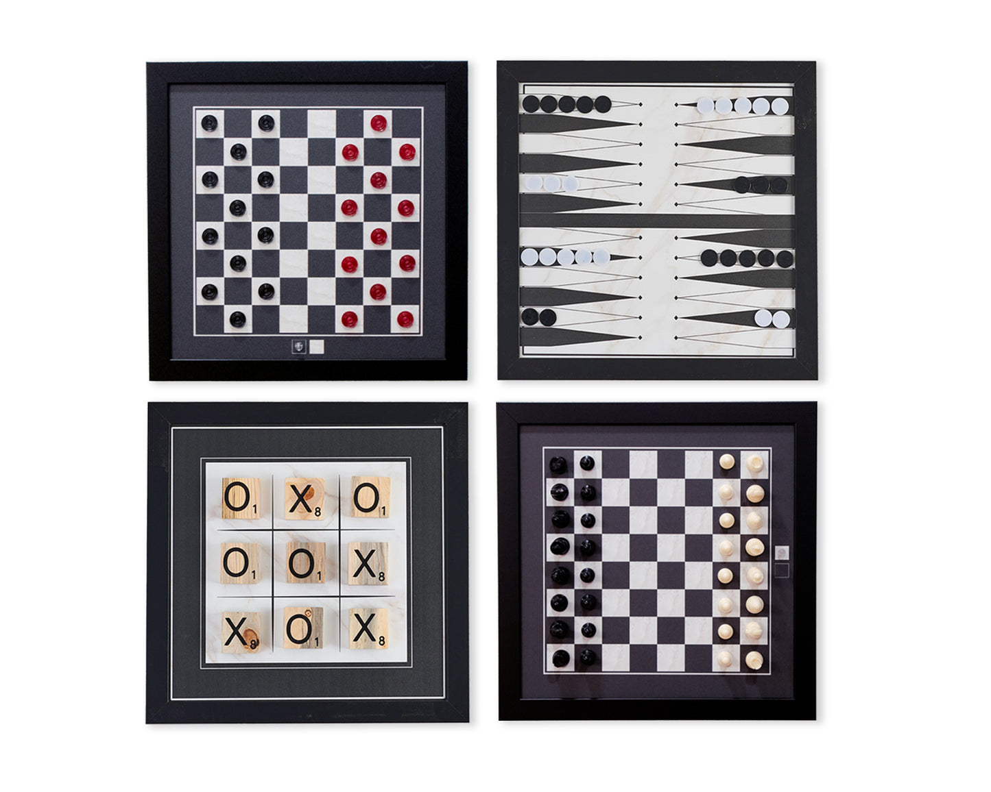 Board Game Wall Decor - 4 pack Magnetic Canvas Games - BLACK & WHITE - Chess, Backgammon, Checkers, Tic Tac Toe