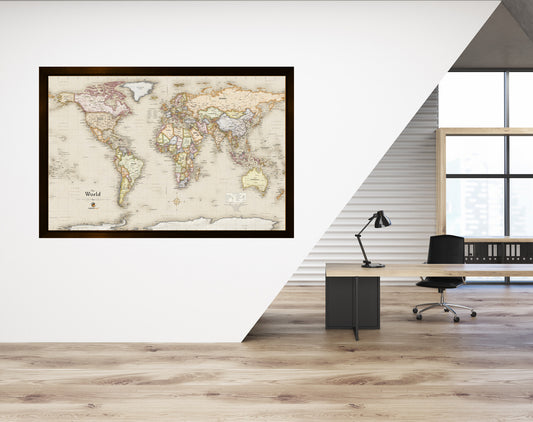 Framed Magnetic Travel Map - World - Light Tan