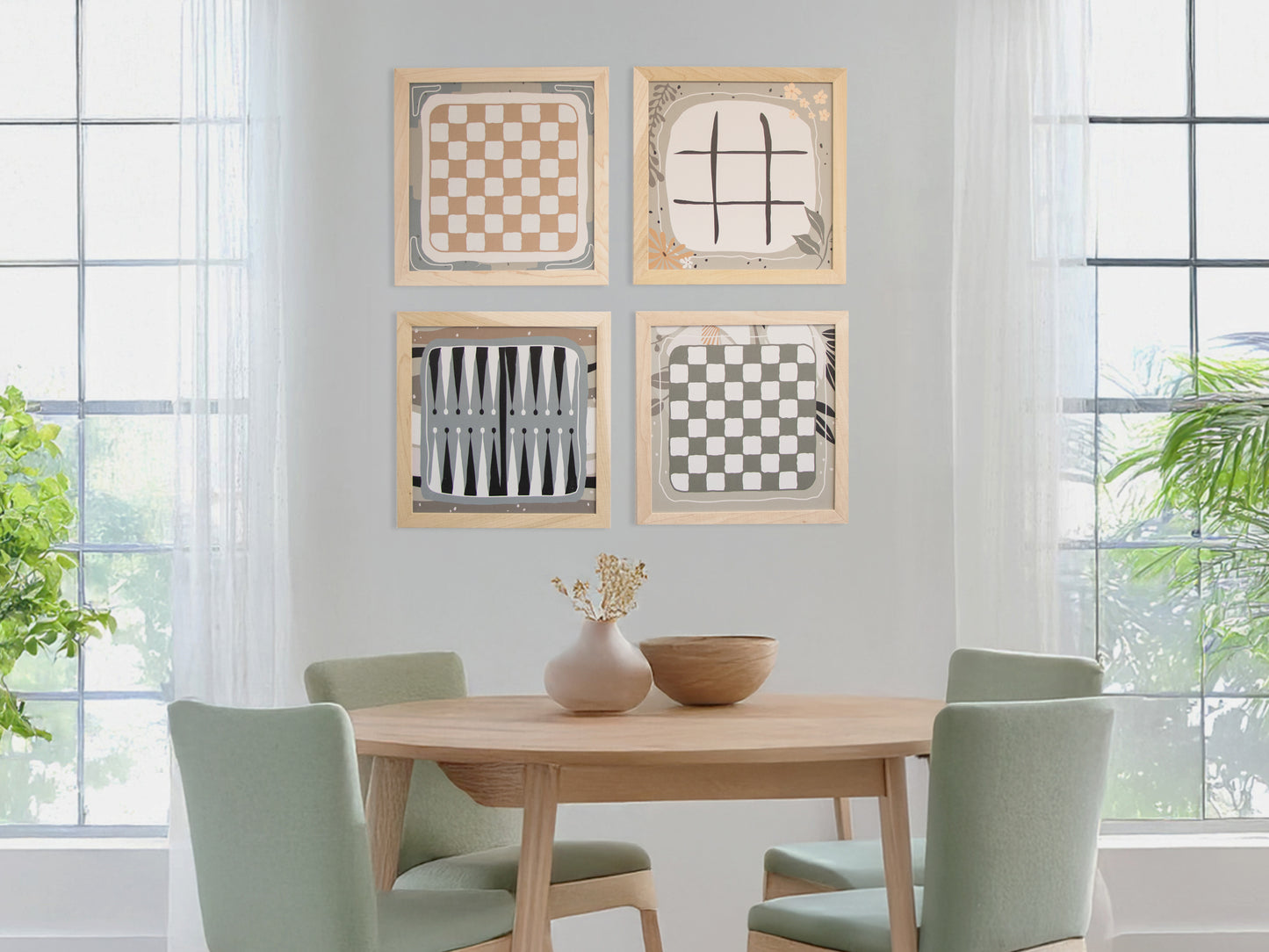 Board Game Wall Decor - 4 pack Magnetic Canvas Games - BOHO/JAPANDI - Chess, Backgammon, Checkers, Tic Tac Toe