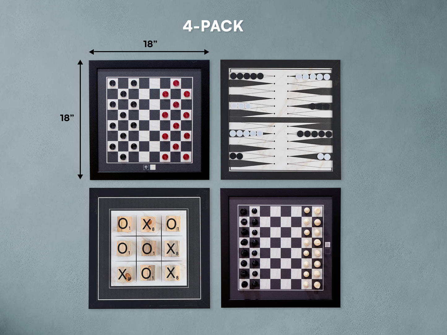 Board Game Wall Decor - 4 pack Magnetic Canvas Games - BLACK & WHITE - Chess, Backgammon, Checkers, Tic Tac Toe