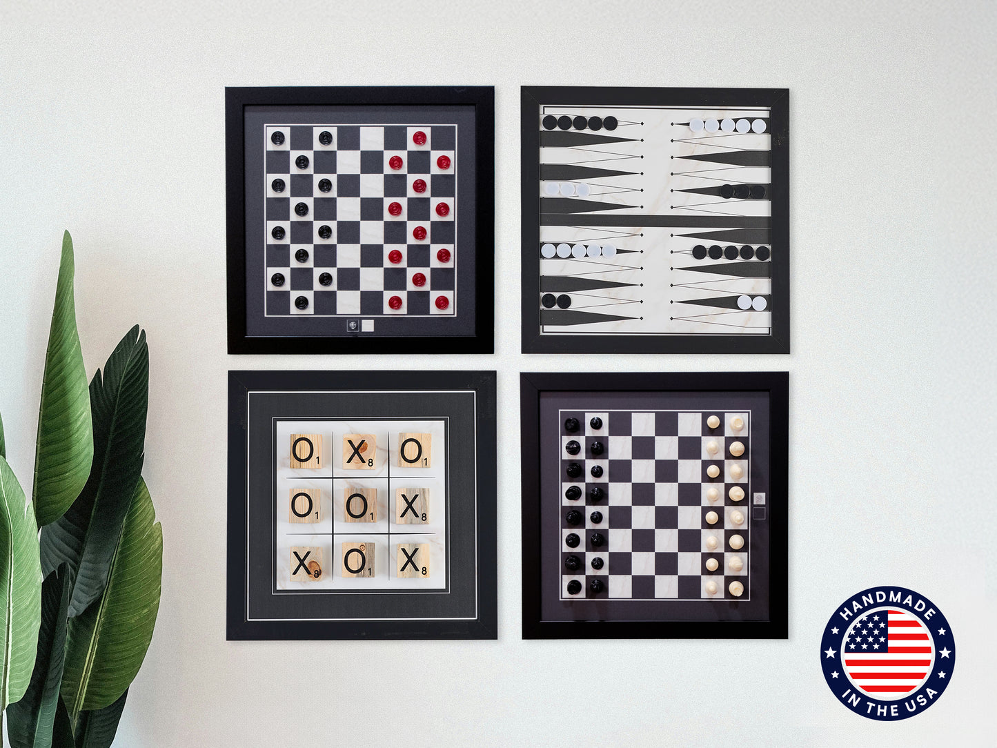 Board Game Wall Decor - 4 pack Magnetic Canvas Games - BLACK & WHITE - Chess, Backgammon, Checkers, Tic Tac Toe