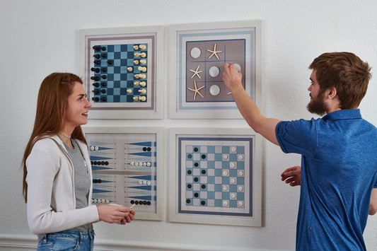 Board Game Wall Decor - 4 pack Magnetic Canvas Games - BEACH WOOD - Chess, Backgammon, Checkers, Tic Tac Toe