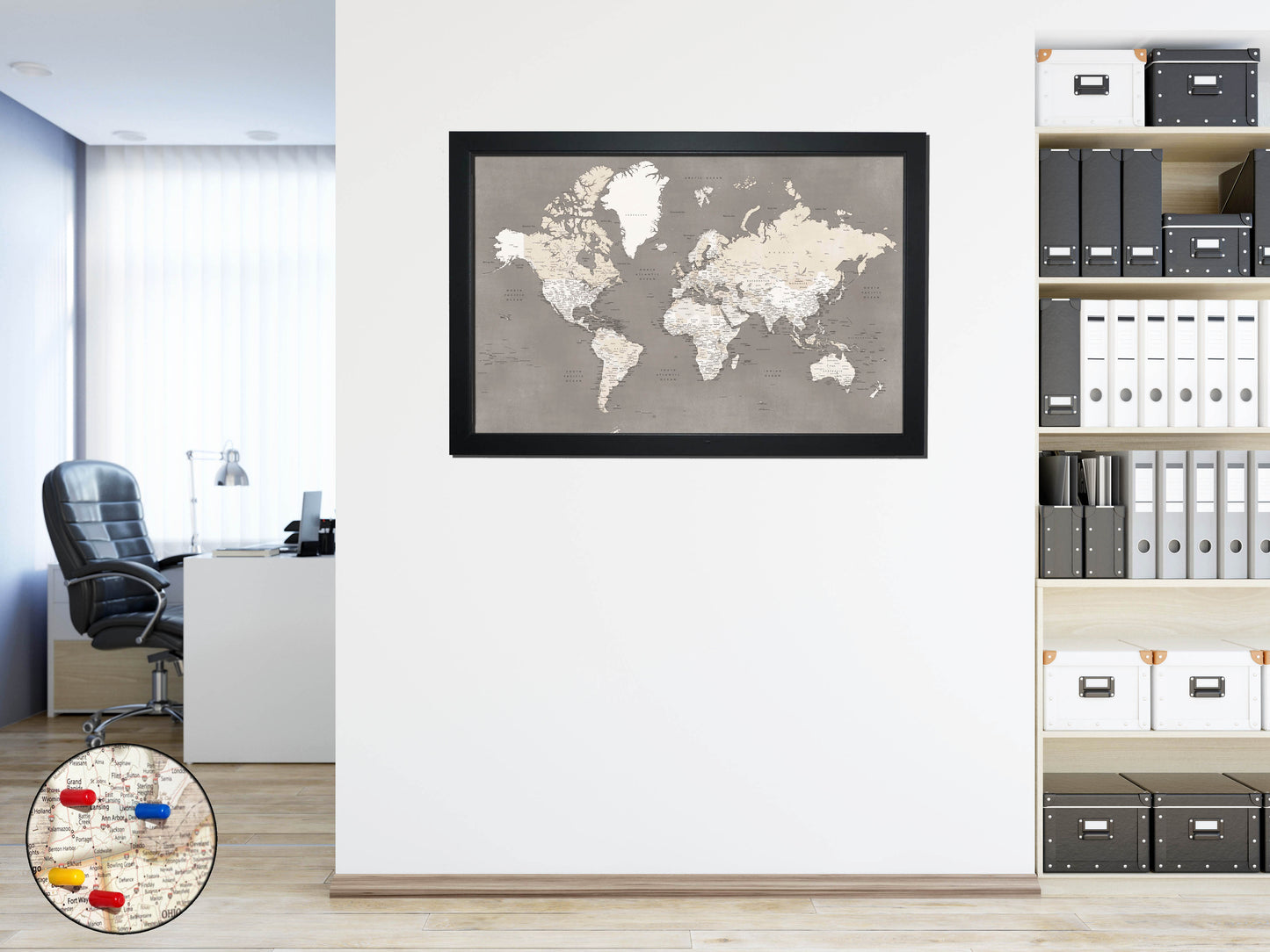 Framed Magnetic Travel Map - World - Taupe Tones