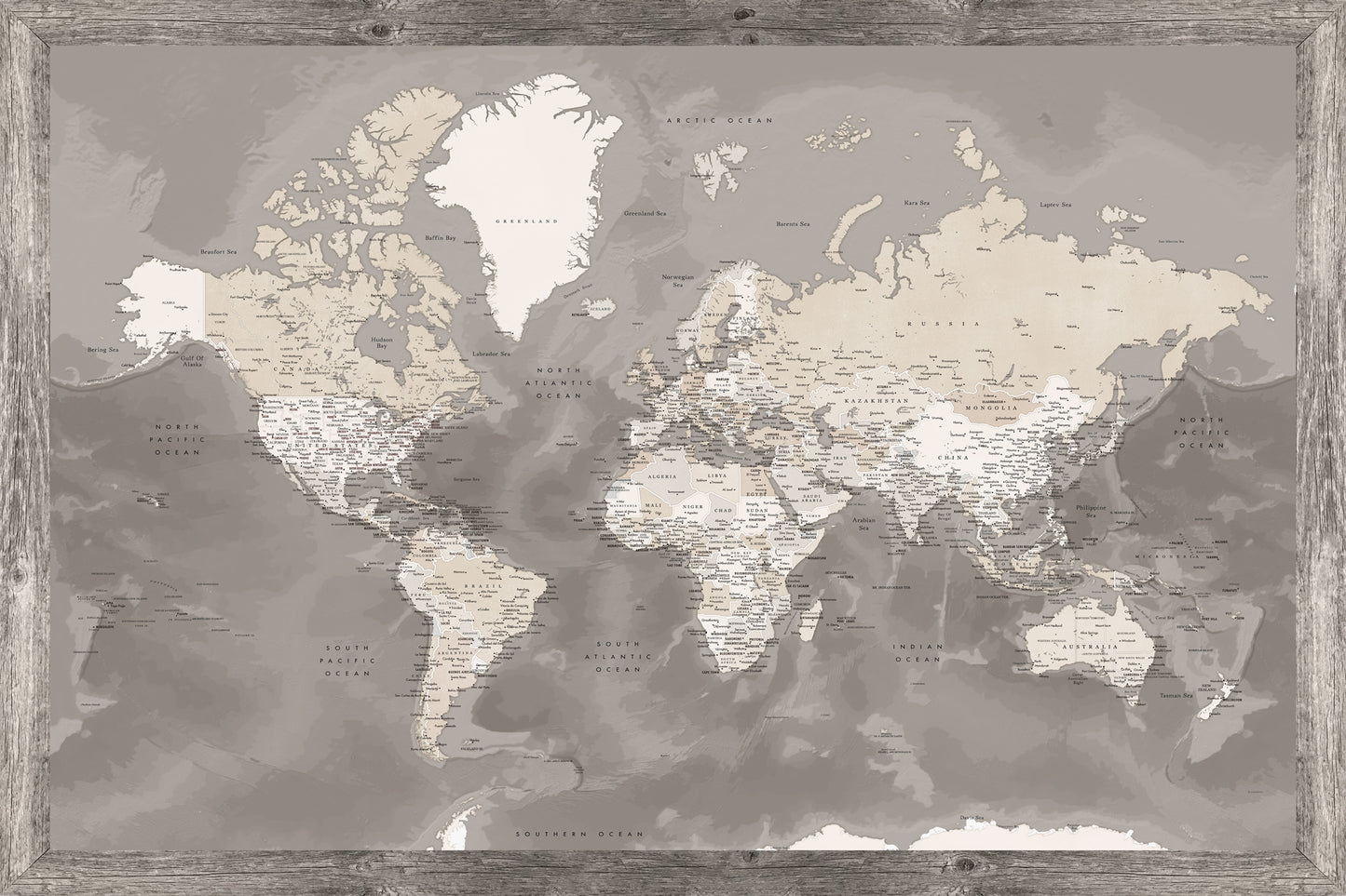 Framed Magnetic Travel Map - World - Taupe Tones