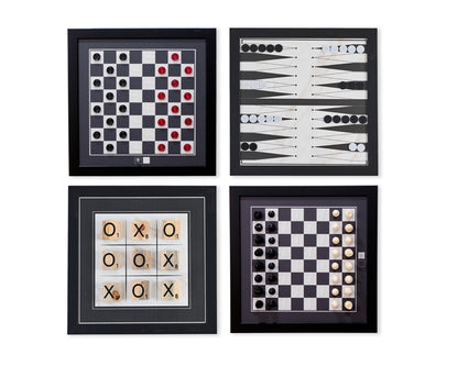Board Game Wall Decor - 4 pack Magnetic Canvas Games - BLACK & WHITE - Chess,  Backgammon, Checkers, Tic Tac Toe