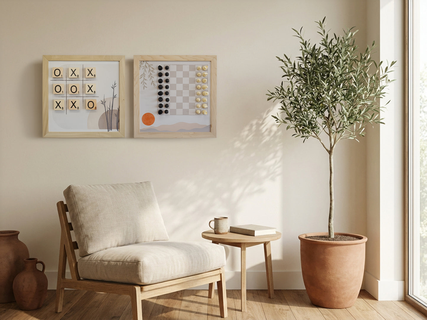 Board Game Wall Decor - 4 pack Magnetic Canvas Games - Nature Light Wood- Chess,  Backgammon, Checkers, Tic Tac Toe (Copy)