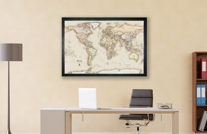 Framed Magnetic Travel Map - World - Light Tan
