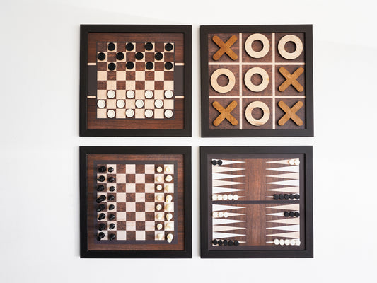 Board Game Wall Decor - 4 pack Magnetic Canvas Games - Dark Wood - Chess,  Backgammon, Checkers, Tic Tac Toe (Copy)