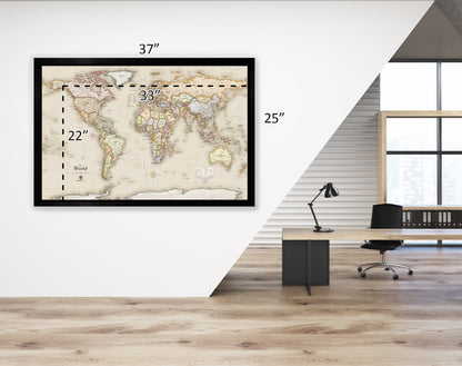 Framed Magnetic Travel Map - World - Light Tan