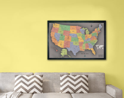 Framed Magnetic Travel Map - USA - Modern Grey