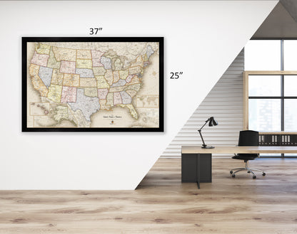Framed Magnetic Travel Map - USA - Light Tan