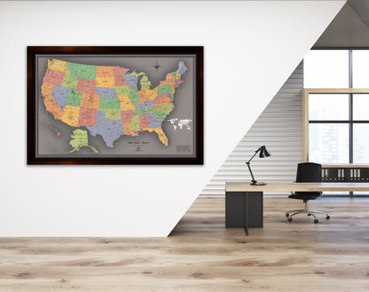 Framed Magnetic Travel Map - USA - Modern Grey