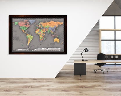 Framed Magnetic Travel Map - World - Modern Grey