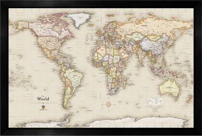 Framed Magnetic Travel Map - World - Light Tan