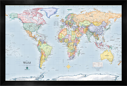 Framed Magnetic Travel Map - World - Ocean Blue