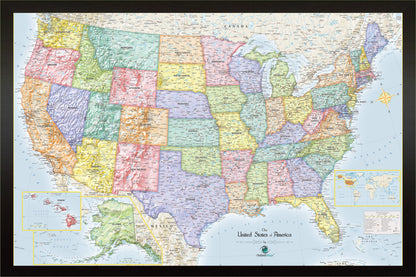 Framed Magnetic Travel Map - USA - Ocean Blue