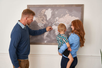 Framed Magnetic Travel Map - World - Taupe Tones