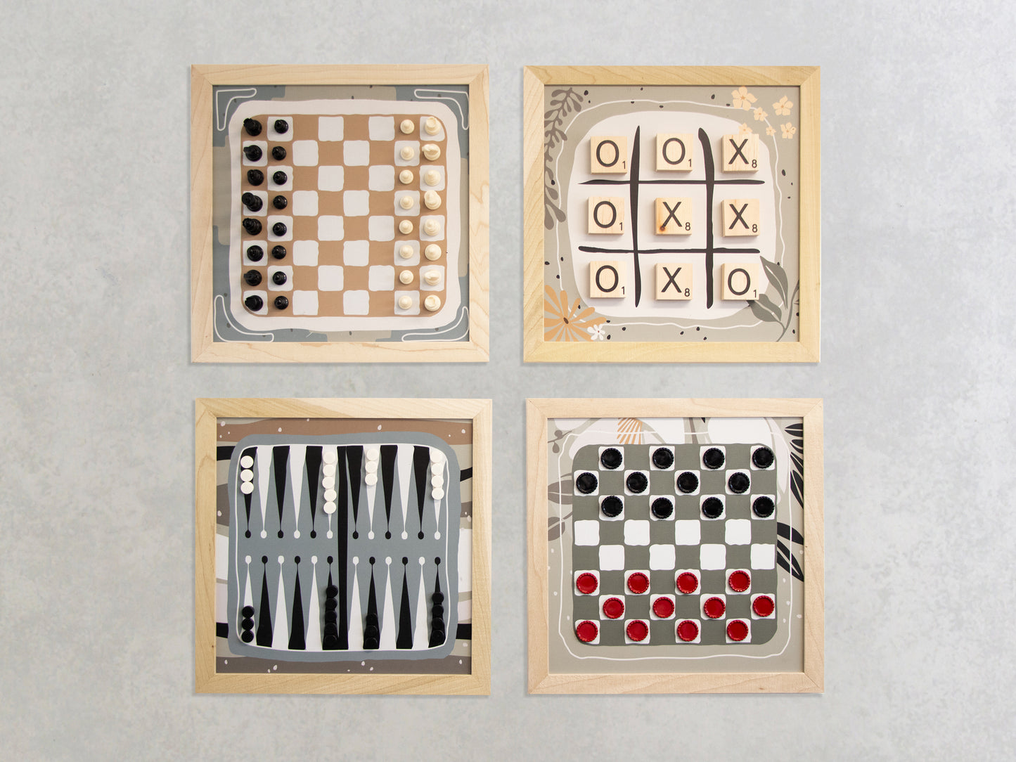 Board Game Wall Decor - 4 pack Magnetic Canvas Games - BOHO/JAPANDI - Chess,  Backgammon, Checkers, Tic Tac Toe