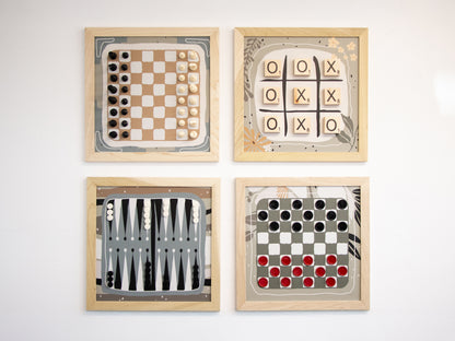 Board Game Wall Decor - 4 pack Magnetic Canvas Games - BOHO/JAPANDI - Chess,  Backgammon, Checkers, Tic Tac Toe