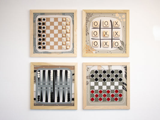 Board Game Wall Decor - 4 pack Magnetic Canvas Games - BOHO/JAPANDI - Chess,  Backgammon, Checkers, Tic Tac Toe