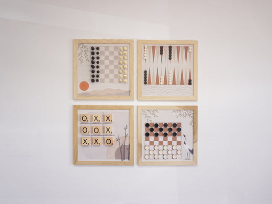 Board Game Wall Decor - 4 pack Magnetic Canvas Games - Nature Light Wood- Chess,  Backgammon, Checkers, Tic Tac Toe (Copy)