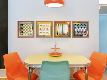 Board Game Wall Decor - 4 pack Magnetic Canvas Games - MID-CENTURY MODERN - Chess,  Backgammon, Checkers, Tic Tac Toe