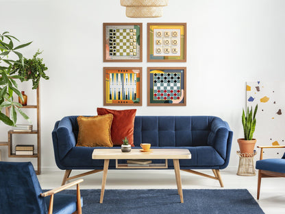 Board Game Wall Decor - 4 pack Magnetic Canvas Games - MID-CENTURY MODERN - Chess,  Backgammon, Checkers, Tic Tac Toe