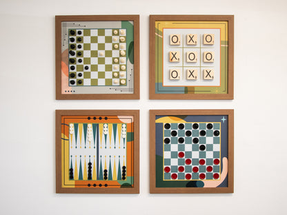 Board Game Wall Decor - 4 pack Magnetic Canvas Games - MID-CENTURY MODERN - Chess,  Backgammon, Checkers, Tic Tac Toe