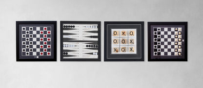 Board Game Wall Decor - 4 pack Magnetic Canvas Games - BLACK & WHITE - Chess,  Backgammon, Checkers, Tic Tac Toe