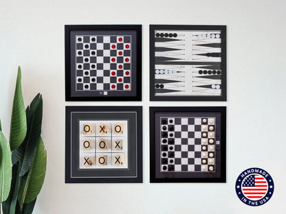 Board Game Wall Decor - 4 pack Magnetic Canvas Games - BLACK & WHITE - Chess,  Backgammon, Checkers, Tic Tac Toe