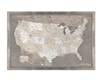 Framed Magnetic Travel Map - USA - Taupe Tones