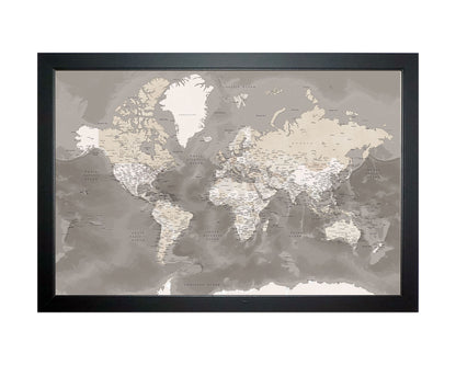 Framed Magnetic Travel Map - World - Taupe Tones