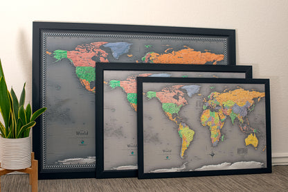 Framed Magnetic Travel Map - World - Modern Grey