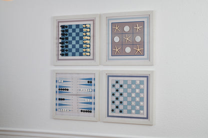 Board Game Wall Decor - 4 pack Magnetic Canvas Games - BEACH WOOD - Chess,  Backgammon, Checkers, Tic Tac Toe