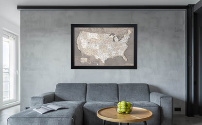Framed Magnetic Travel Map - USA - Taupe Tones