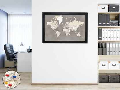 Framed Magnetic Travel Map - World - Taupe Tones