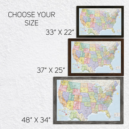 Framed Magnetic Travel Map - USA - Ocean Blue