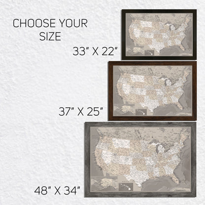 Framed Magnetic Travel Map - USA - Taupe Tones
