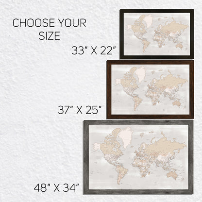 Framed Magnetic Travel Map - World - Light Tan