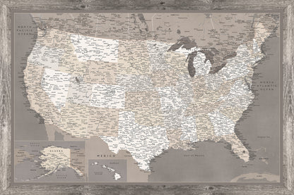 Framed Magnetic Travel Map - USA - Taupe Tones