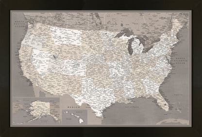 Framed Magnetic Travel Map - USA - Taupe Tones