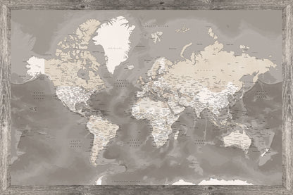 Framed Magnetic Travel Map - World - Taupe Tones