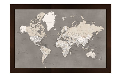 Framed Magnetic Travel Map - World - Taupe Tones