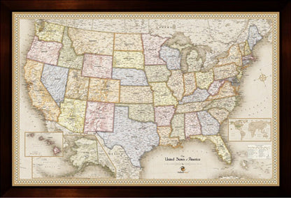 Framed Magnetic Travel Map - USA - Light Tan