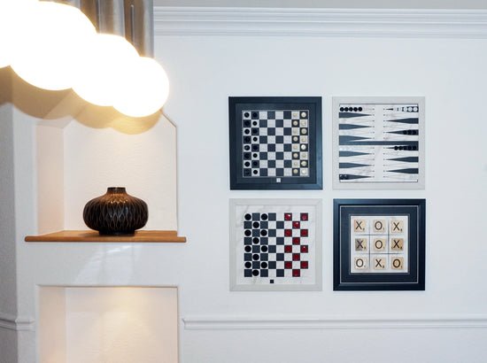 Board Game Wall Decor featuring a wall mounted magnetic chess set, checkers set, backgammon set, and tic tac toe set.