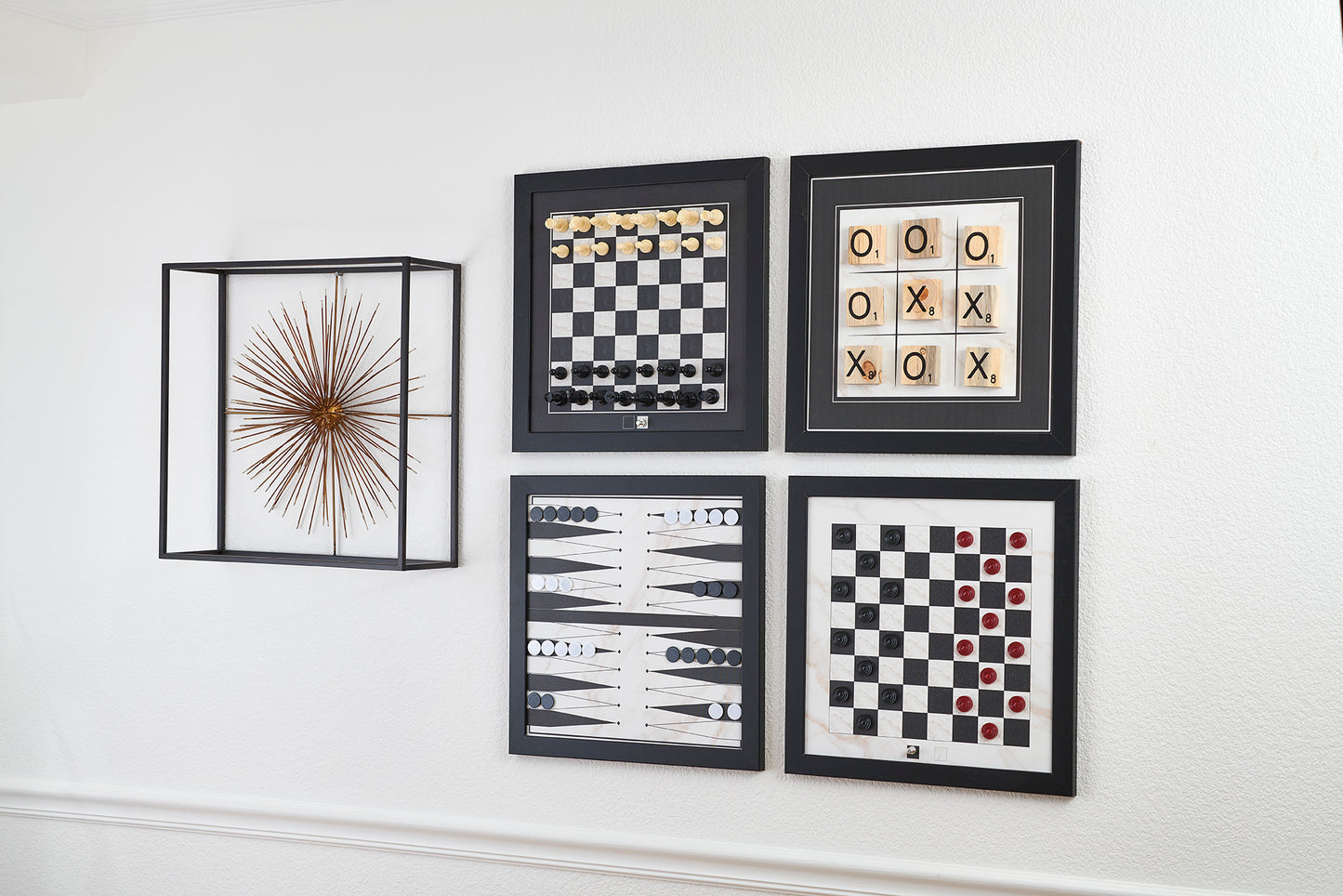 Board Game Wall Decor featuring a wall mounted magnetic chess set, checkers set, backgammon set, and tic tac toe set.