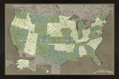 Army Green Usa 33X22 Frame Black Framed Magnetic Travel Map