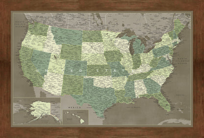 XL Framed Magnetic Travel Map - Army Green