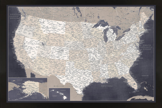 Framed Magnetic Travel Map - Dark Grey with Grey Scale