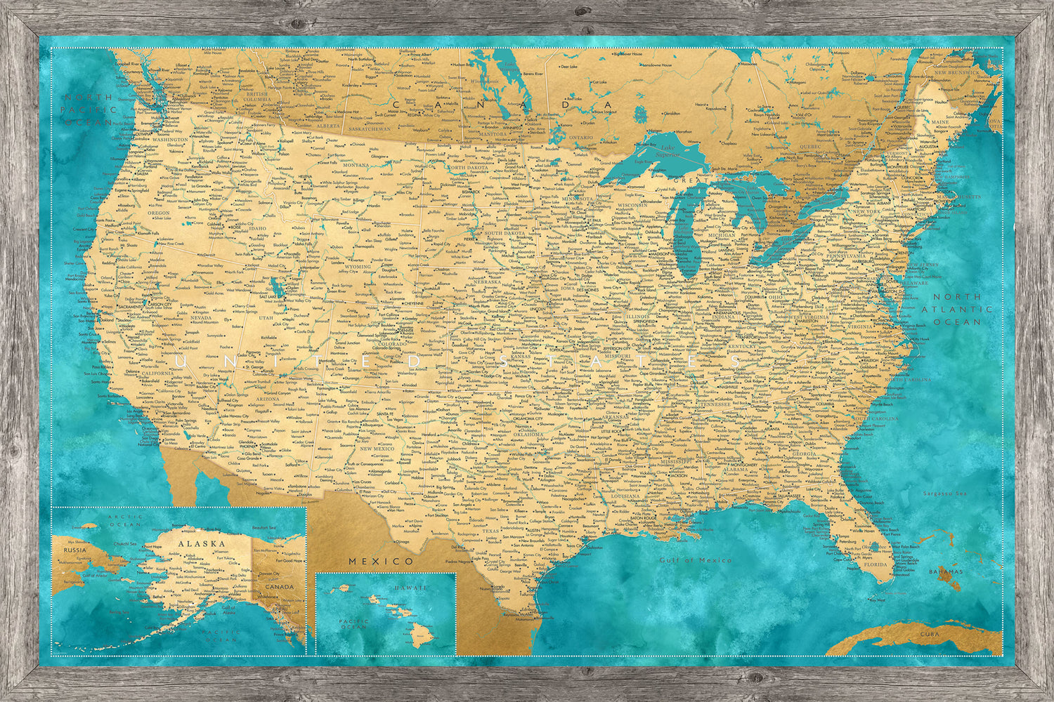 Bold Turquoise USA 33x22 Frame Brownwood Grey Framed Magnetic Travel Map